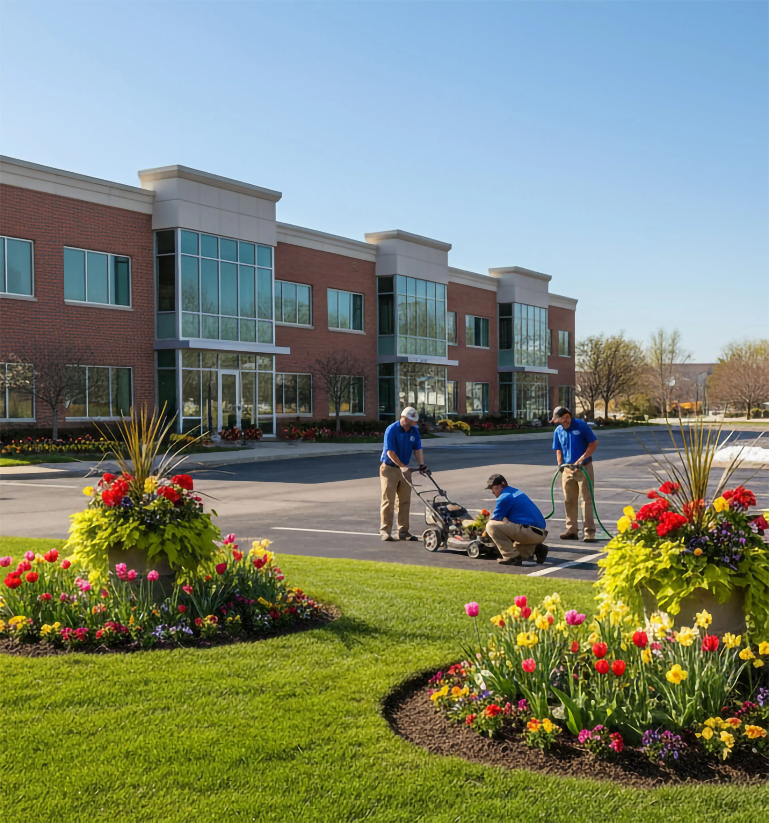 Three workers in blue uniforms planting and maintaining flowers in front of a modern brick building with glass windows on a bright, sunny day.