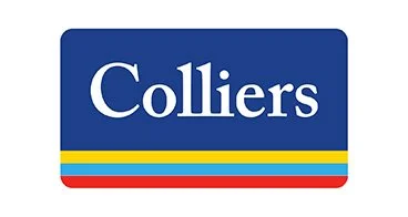 Colliers logo with blue background and color stripes.