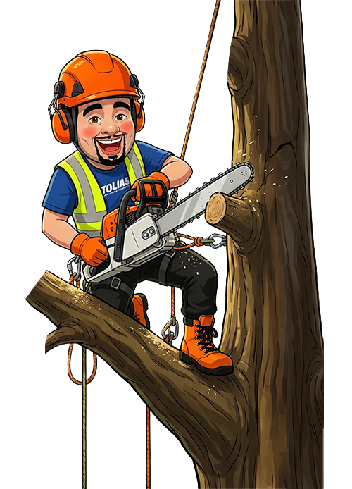 Cartoon of a lumberjack wearing an orange helmet, safety vest, and gloves, using a chainsaw to cut a large tree