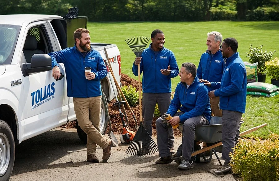 Group of five men in blue jackets from Tolias Landscaping & Railing Inc. enjoying a break during outdoor landscaping work. They are gathered near a white pickup truck with landscaping tools like a rake, shovel, and wheelbarrow on a sunny day in a green yard.