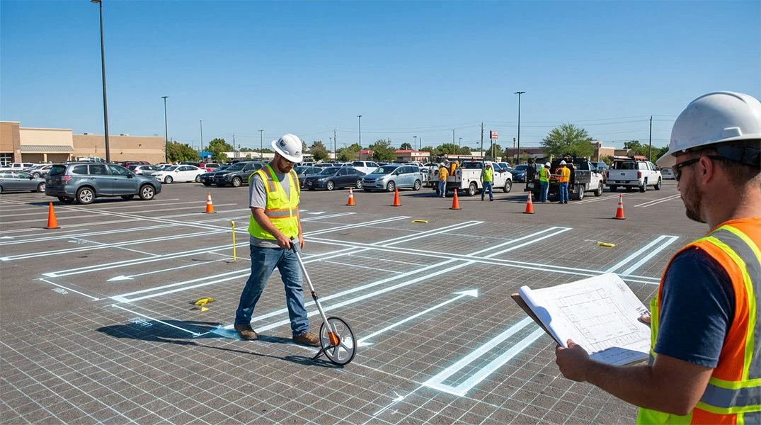 Construction workers drawing parking lot lines on asphalt with measuring tools, surrounded by parked cars and safety cones.