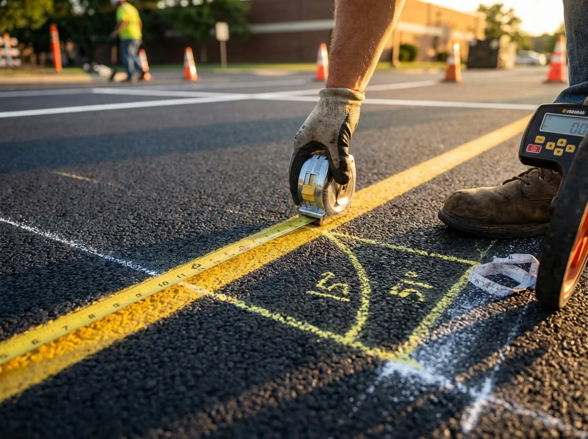Worker measuring yellow road markings with a tape measure at a construction site, with construction cones and other workers in the background.