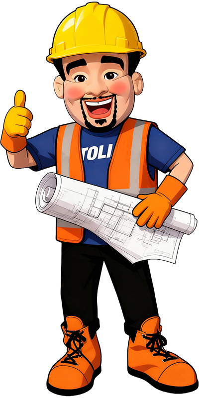 Tolias Mascot in construction gear holding rolled blueprints, wearing a yellow hard hat, orange safety vest, gloves, and orange work boots, giving a thumbs up.