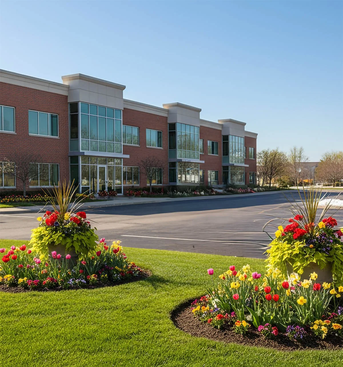 Exterior view of a modern brick multi-story building with large glass windows, surrounded by a well-maintained lawn and vibrant flower beds.