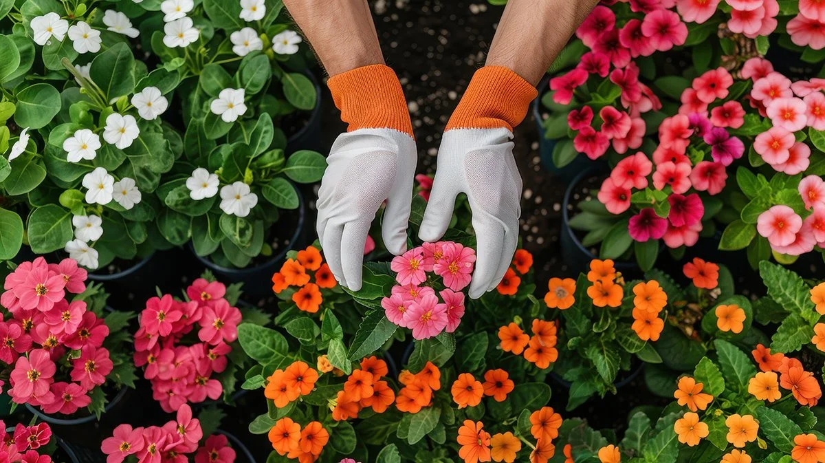 Two hands wearing white gardening gloves with orange cuffs planting pink and orange flowers among potted plants with green leaves.