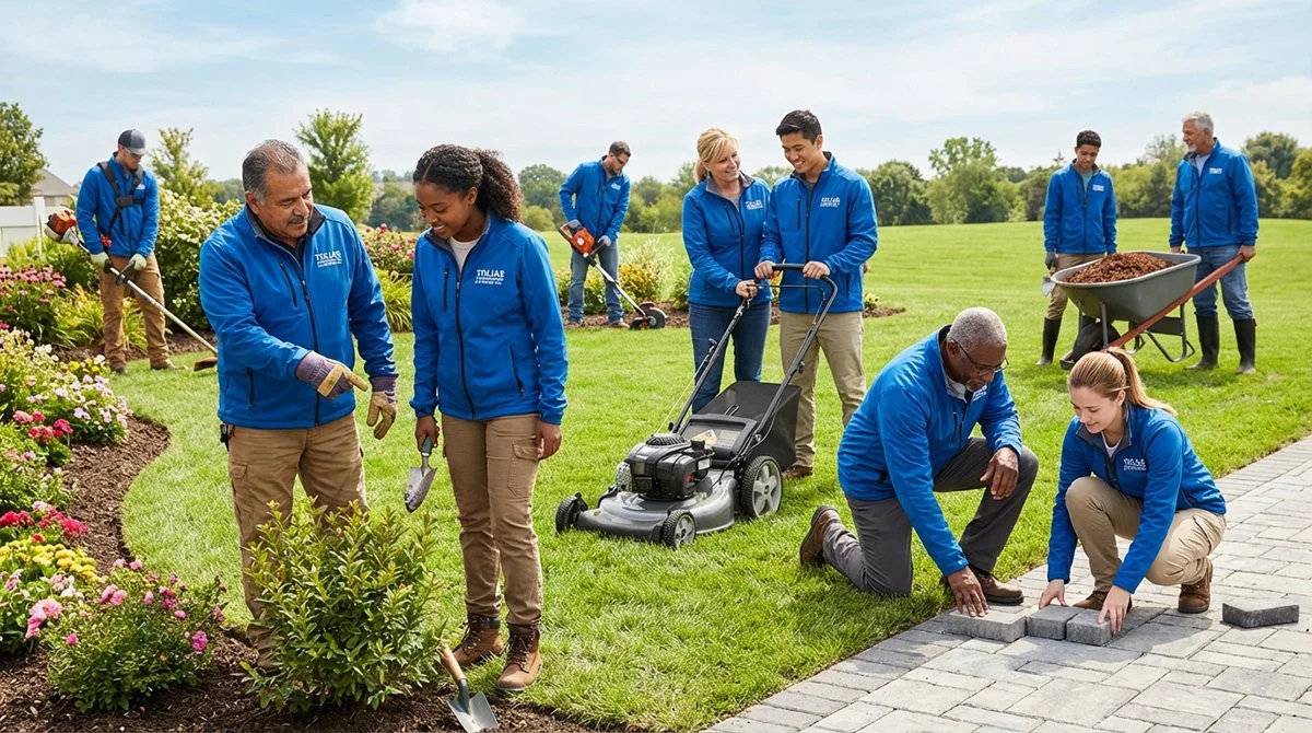 Group of people planting flowers and laying bricks in a park on a sunny day.