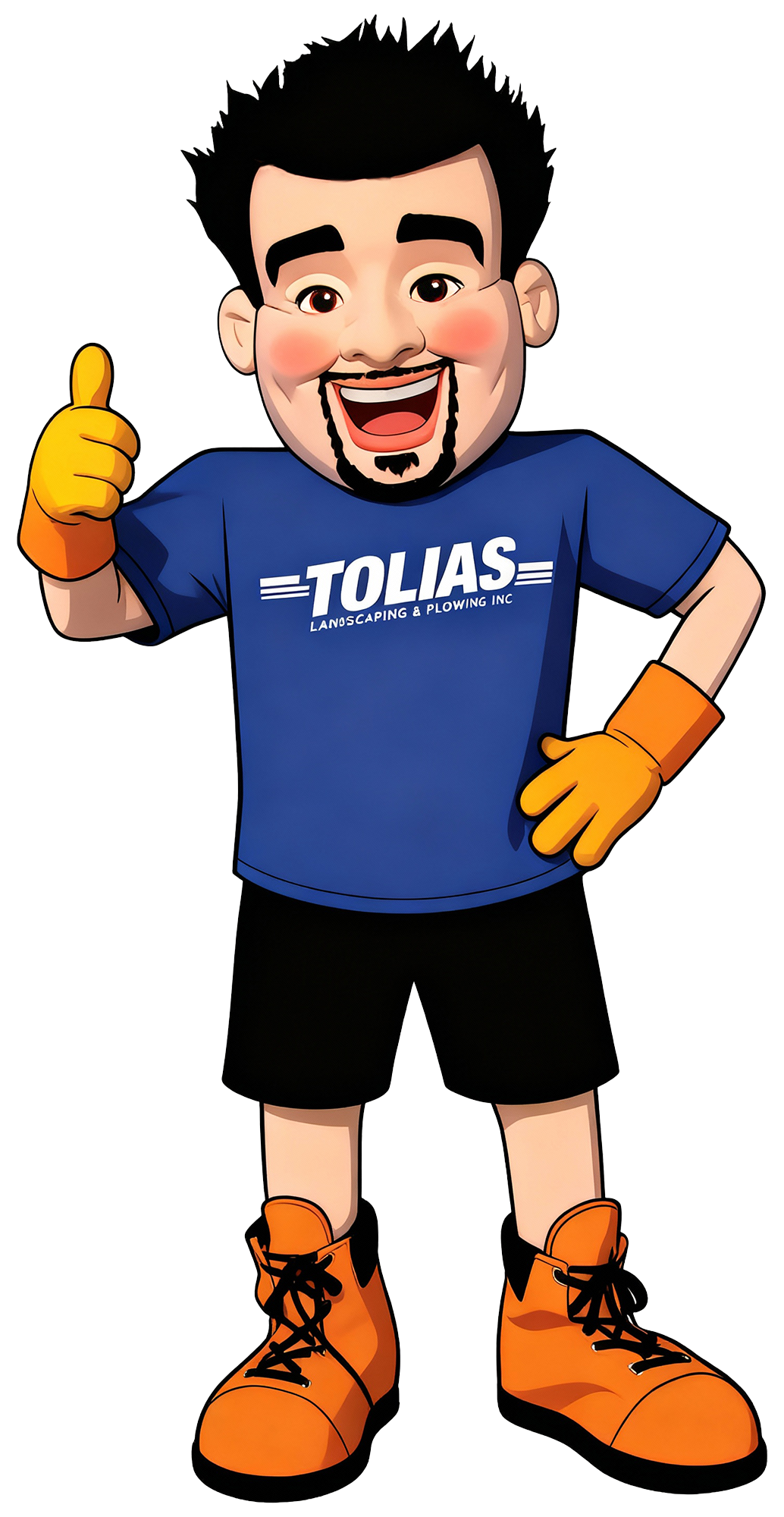 Digital cartoon illustration of a smiling man with a goatee giving a thumbs up. He is wearing an orange work glove on each hand, a blue T-shirt with the logo and name "TOLIAS LANDSCAPING & PLOWING INC," black shorts, and orange work boots. He has short, black spiky hair and rosy cheeks.