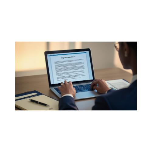 Person working on a laptop with a document on the screen, sitting at a desk with a notebook and pen.