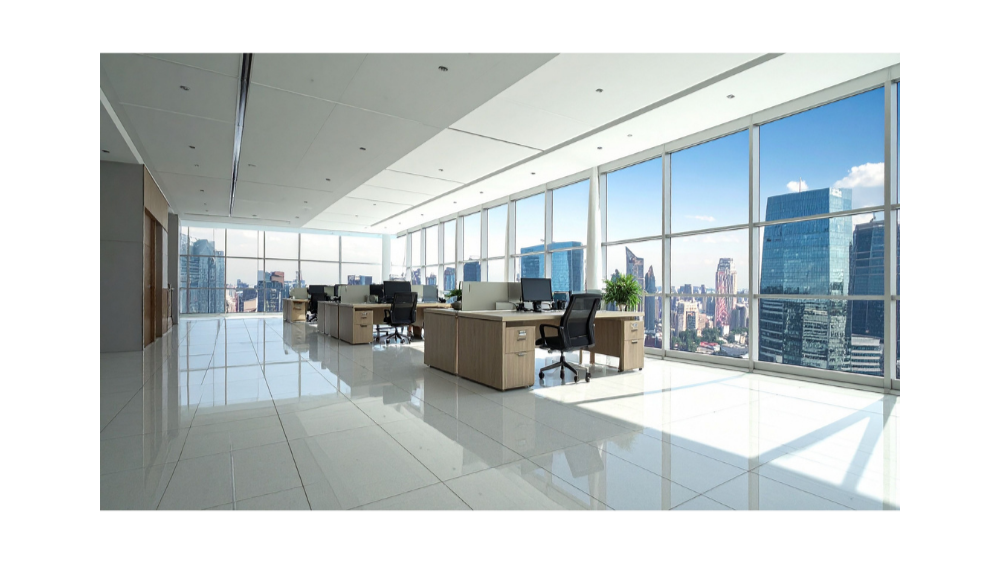 Modern office space with large windows overlooking a city skyline, desks with computers, and office chairs.