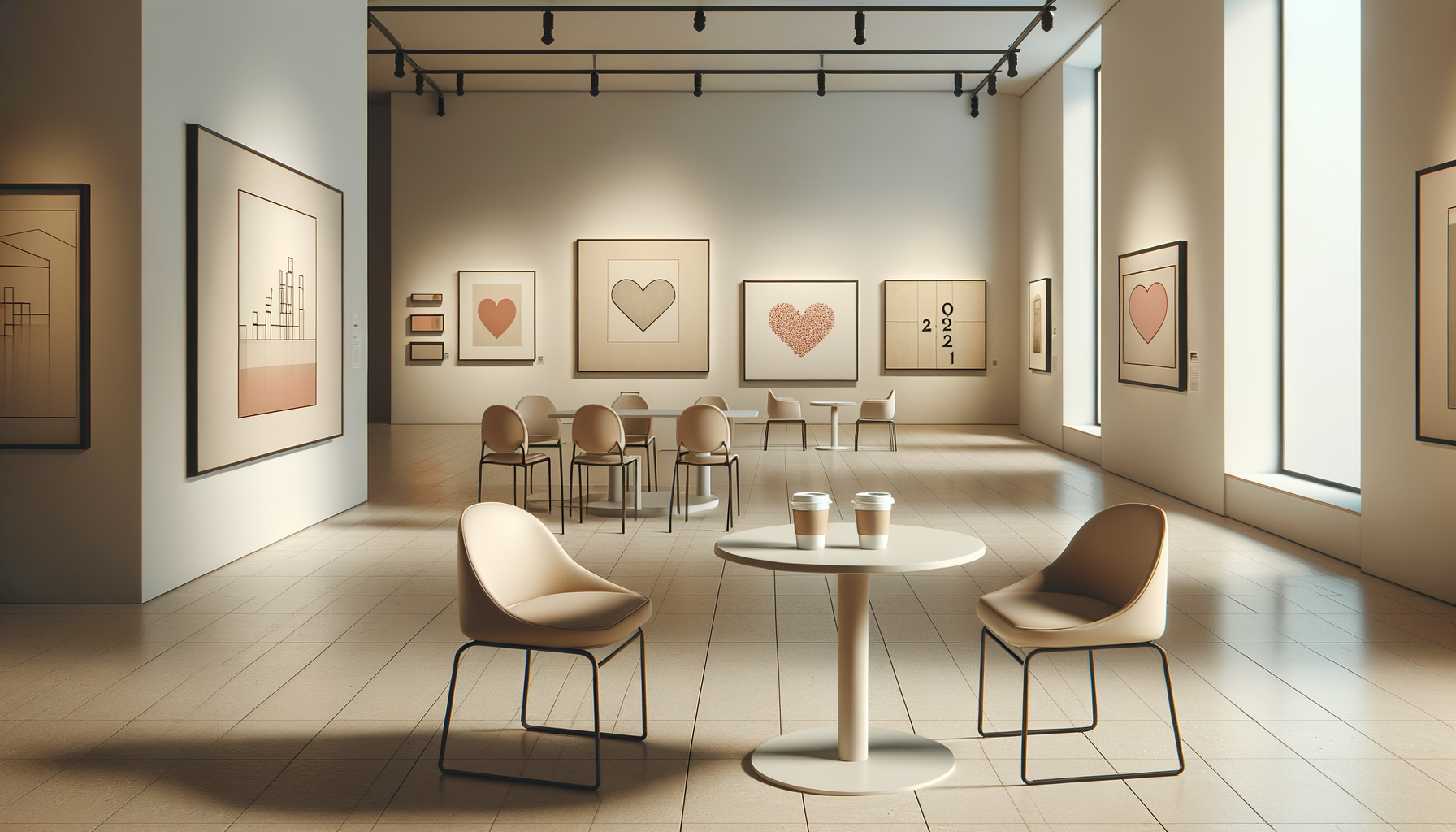Empty art gallery with multiple framed artworks on white walls, beige chairs and tables, two coffee cups on a table in the foreground, tall windows on the right providing natural light, and wooden flooring.