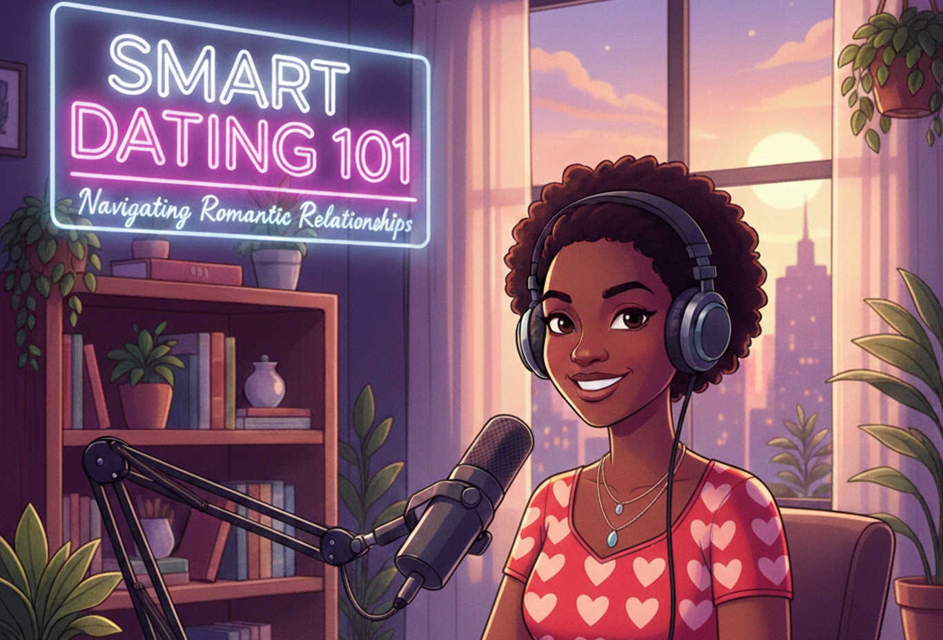 An illustrated woman with curly hair and headphones sitting in front of a microphone in a room with plants, a bookshelf, and a window showing a sunset, promoting a podcast titled "Smart Dating 101: Navigating Romantic Relationships."