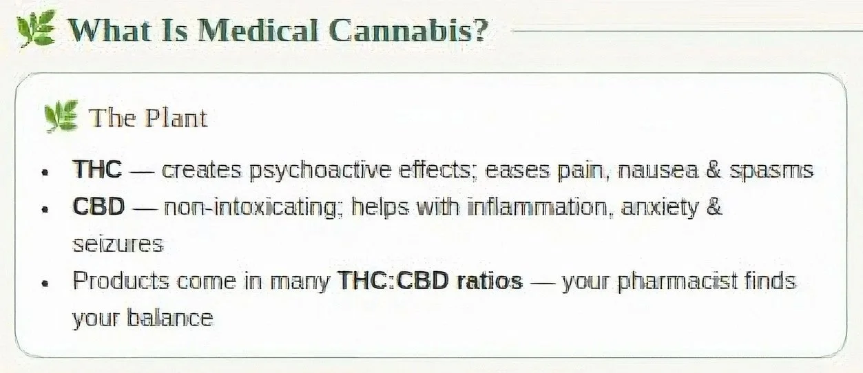 A presentation slide titled "What Is Medical Cannabis?" explaining the differences between THC and CBD, highlighting that THC creates psychoactive effects and offers pain relief, while CBD is non-intoxicating and helps with inflammation, anxiety, and seizures. It also mentions products come in various THC to CBD ratios.