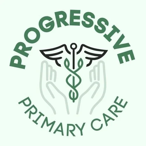 Logo for Progressive Primary Care featuring a caduceus symbol with wings and a snake, surrounded by two hands and the text 'PROGRESSIVE PRIMARY CARE' in green.