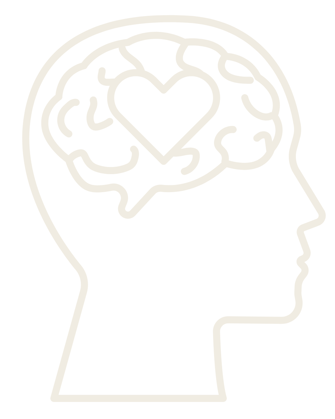 Outline of a human head with a brain depicted inside, featuring a heart shape in the center of the brain.