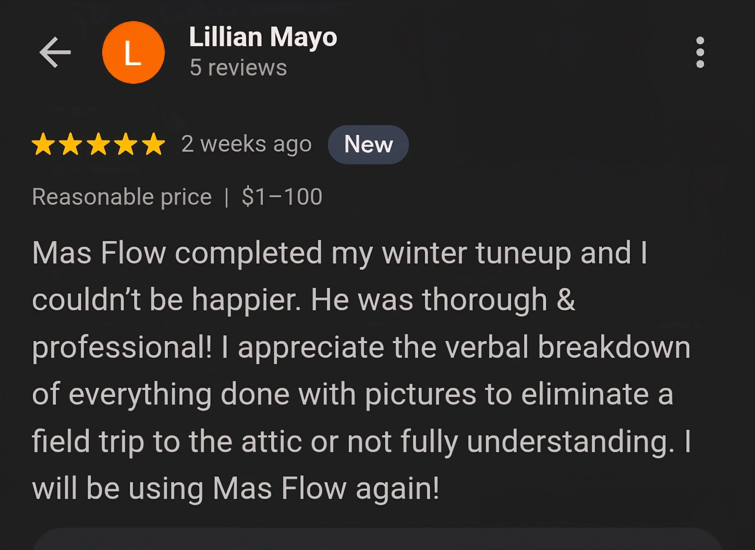 Customer review of Mas Flow explaining satisfaction after a winter tuneup, praising the thorough and professional service.
