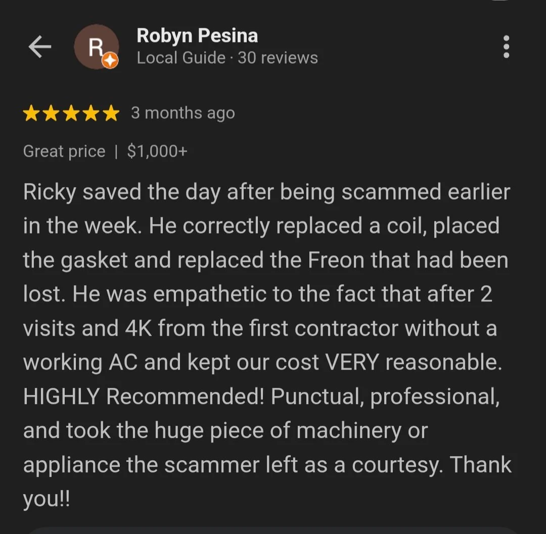 Screenshot of a Google review for a contractor, 5 stars, written by Robyn Pesina, praising Ricky for fixing a HVAC system effectively and professionally.