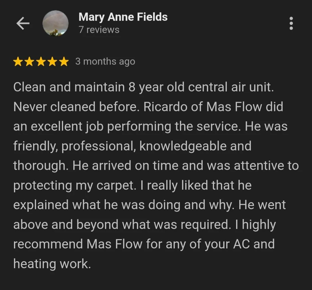 Screenshot of a Google review for an HVAC service, praising Ricardo from Mas Flow for excellent, professional, and thorough work on an 8-year-old central air unit.