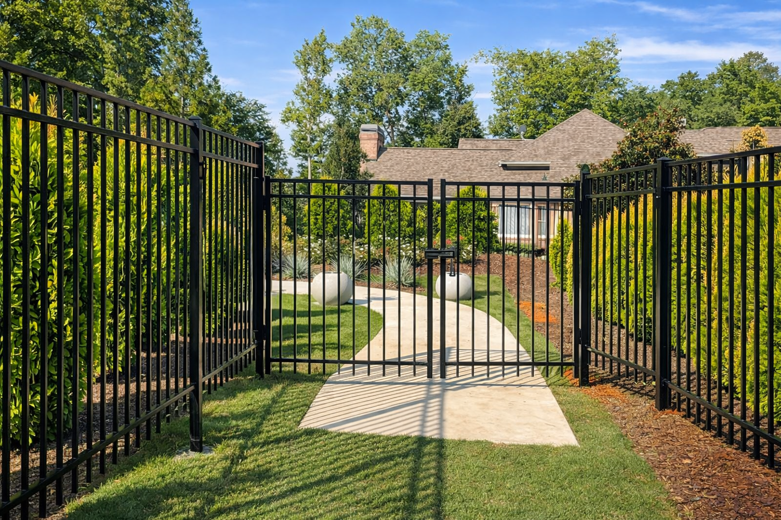 Black aluminum fence and gate installation with walkway in Dacula, Ga