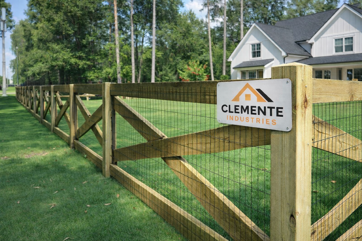 Post and rail wood fence with wire mesh installed in Buford, Ga by Clemente Industries