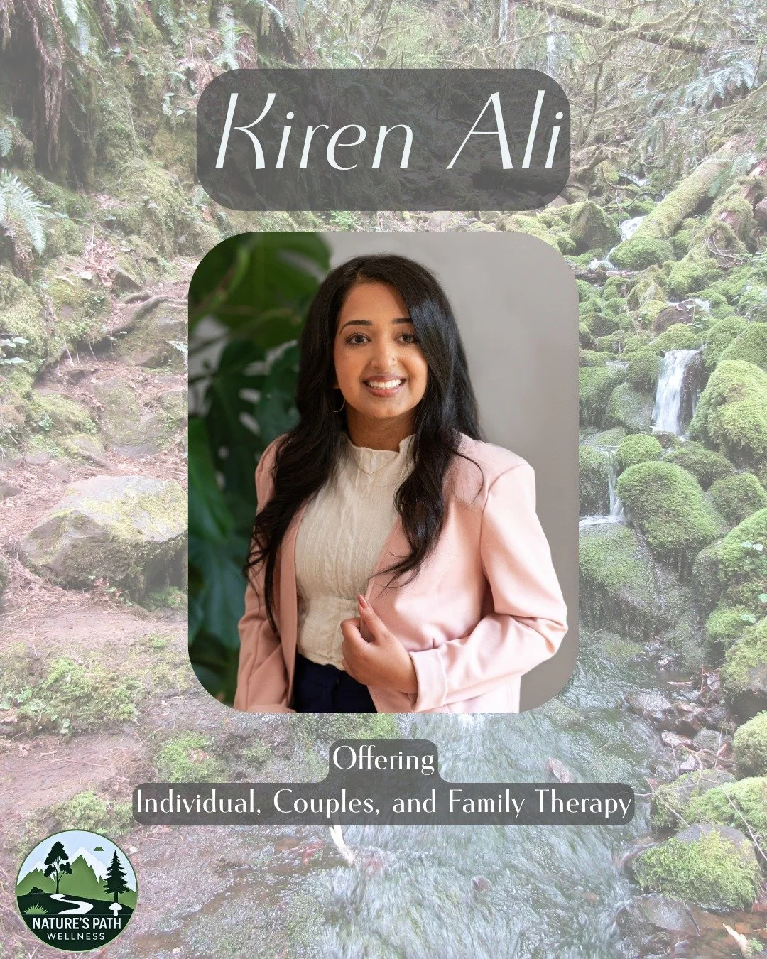 Meet Kiren!
Kiren Ali is a therapist who works collaboratively with clients to support emotional wellbeing, self-understanding, and personal growth.

Kiren creates a welcoming space where clients can explore challenges, develop insight, and build the