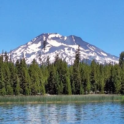 Snow-capped mountain behind a dense forest and a lake in the foreground.