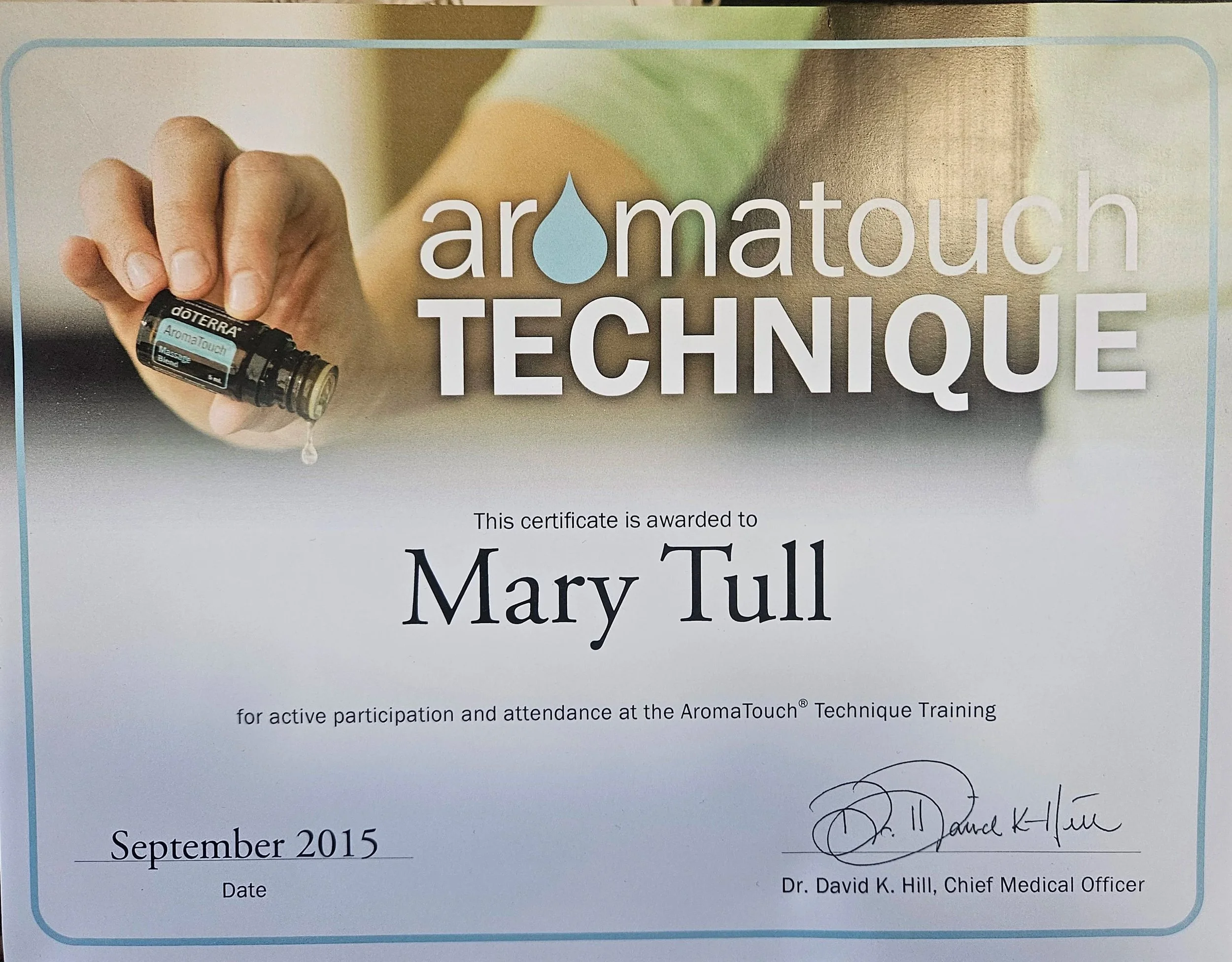 Aromatouch Technique Certificate awarded to Mary Tull