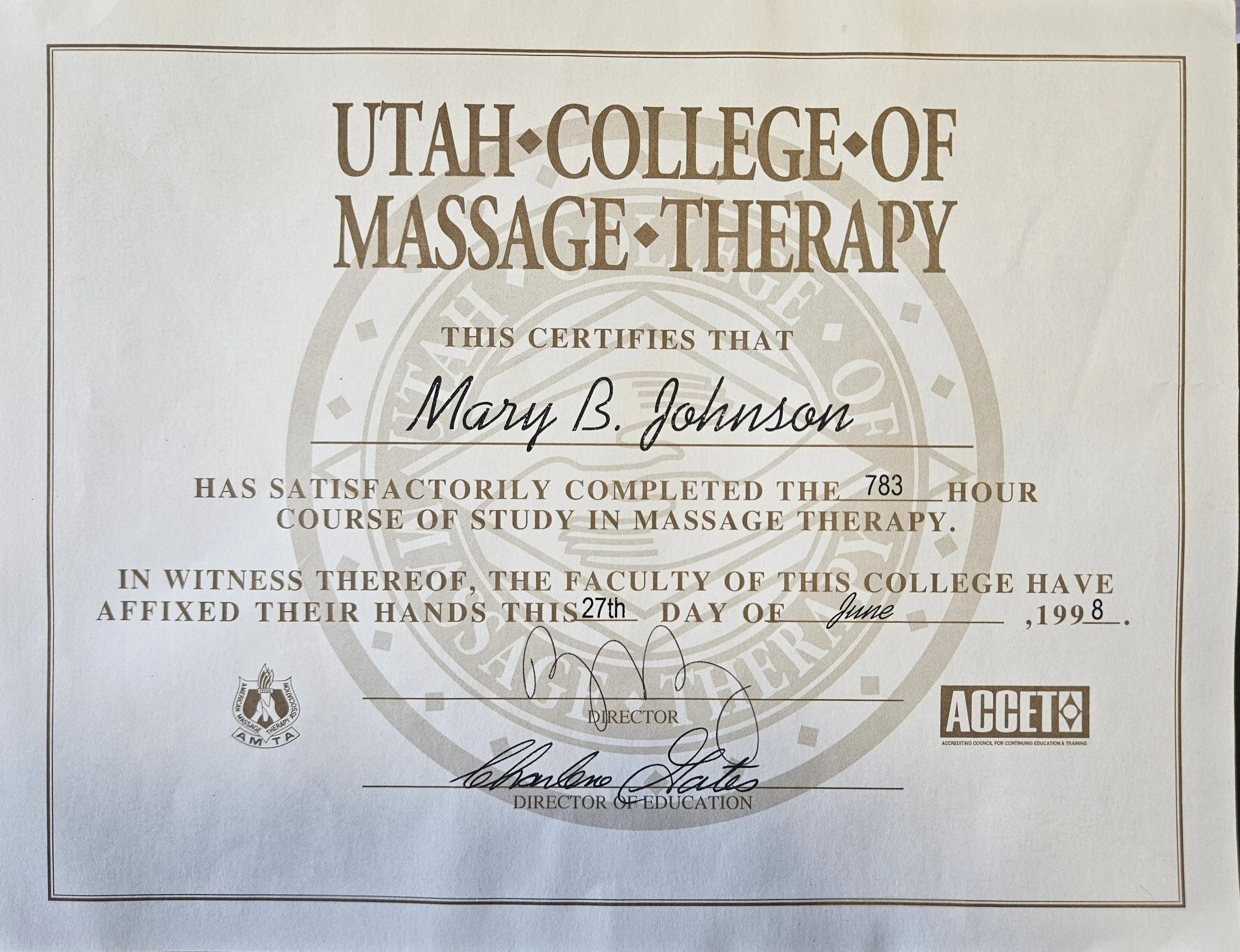 July 1998 Utah Collage of Massage Therapy Certificate for Mary