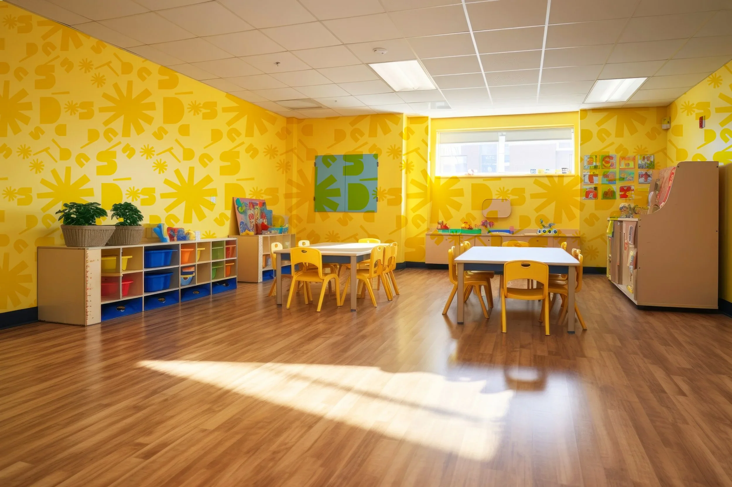 Bright, colorful preschool classroom with yellow walls, educational posters, and small tables and chairs for children.