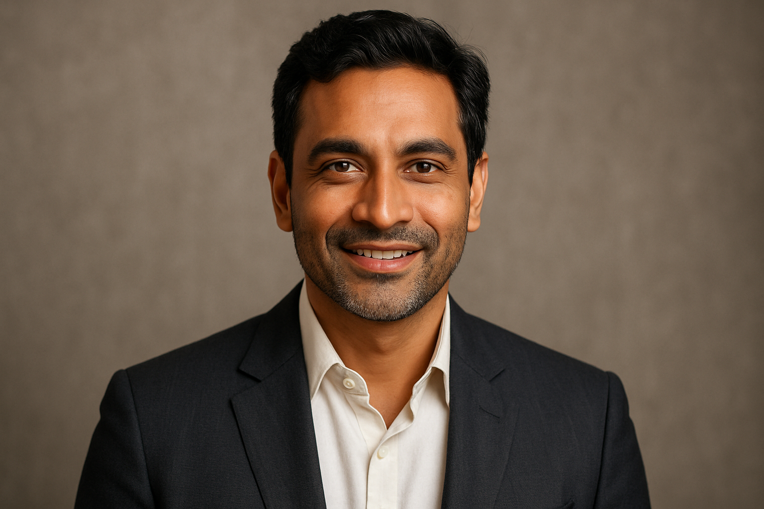 Portrait of a Flynn the AgenticAI digital worker wearing a dark blazer and white shirt against a neutral background.