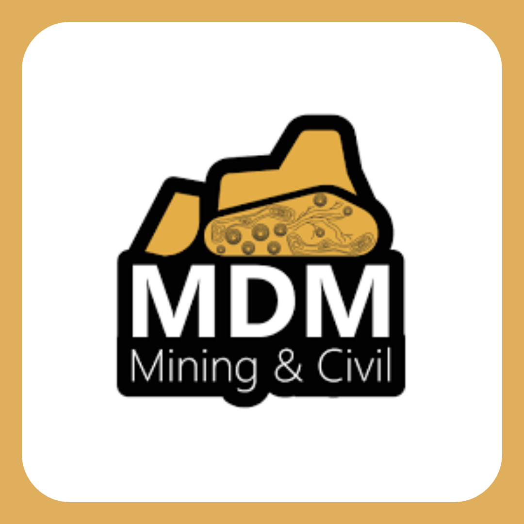 Logo for MDM Mining & Civil featuring a stylized mining helmet with gold and black colors and the words 'MDM Mining & Civil' underneath.
