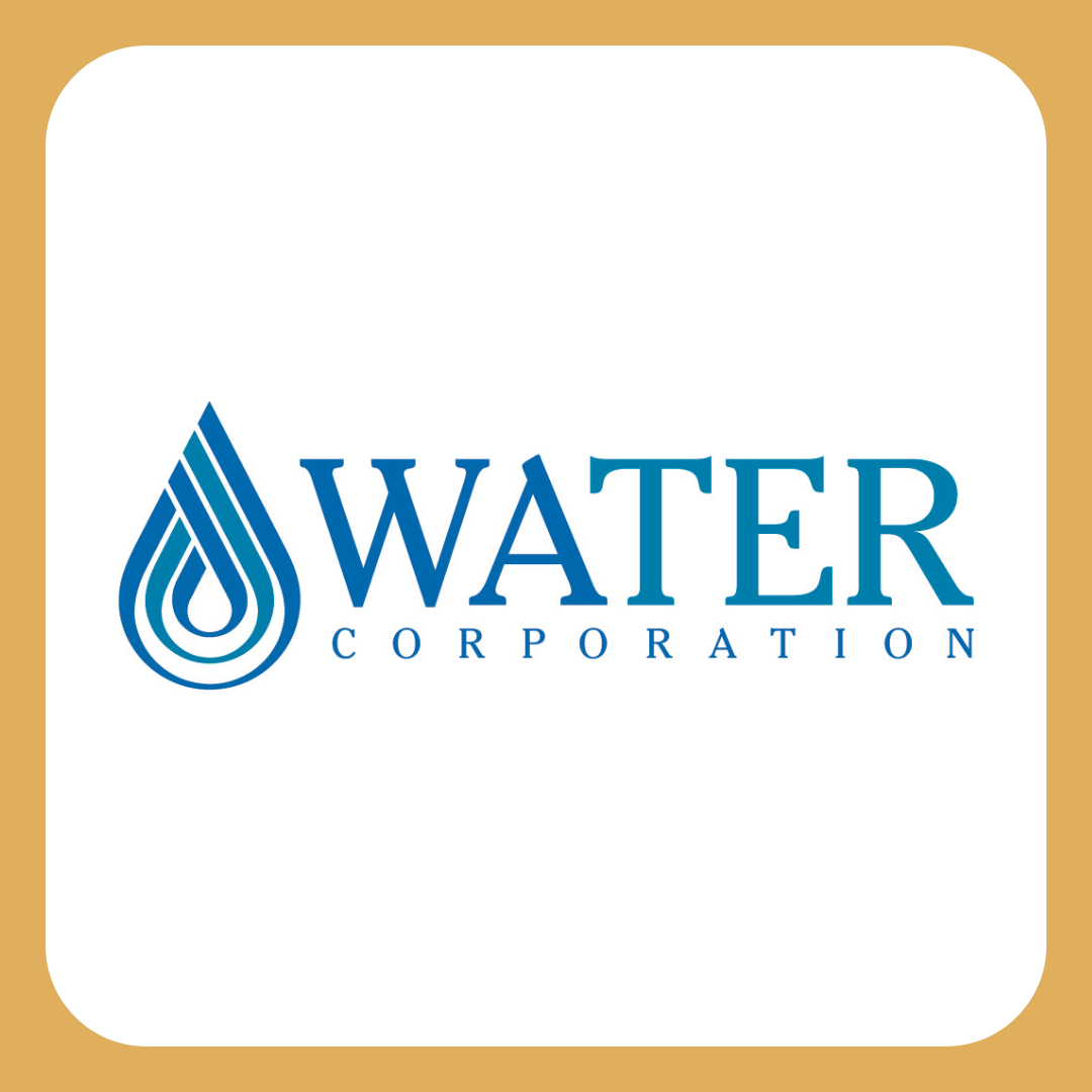Logo for Water Corporation, featuring a stylized water droplet icon and the words 'Water Corporation' in blue text.