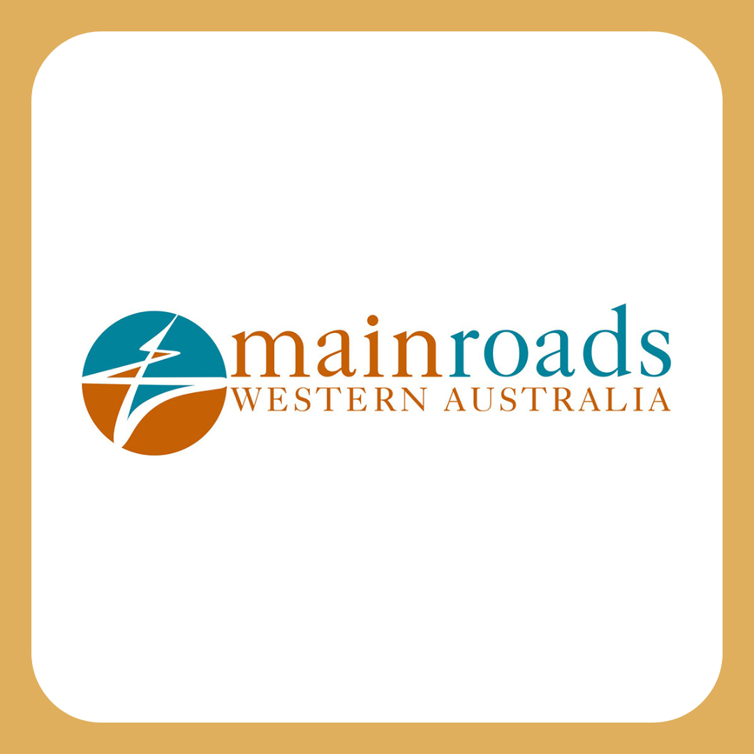 Logo of Main Roads Western Australia, featuring a circular emblem with a stylized road and lightning bolt, with the words 'main roads' in lowercase, 'WESTERN AUSTRALIA' in uppercase below.