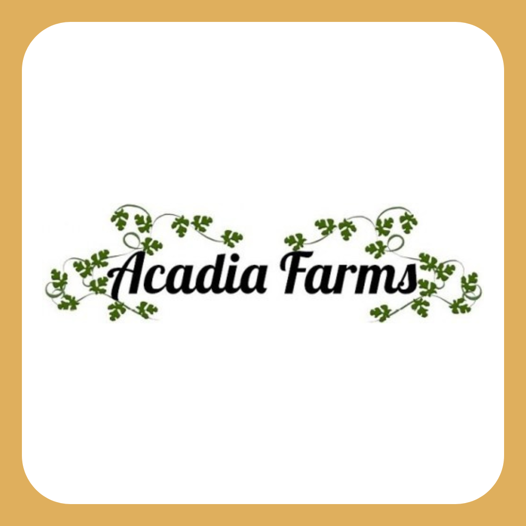 Logo for Acadia Farms with green vine and leaf illustrations surrounding the black cursive text.