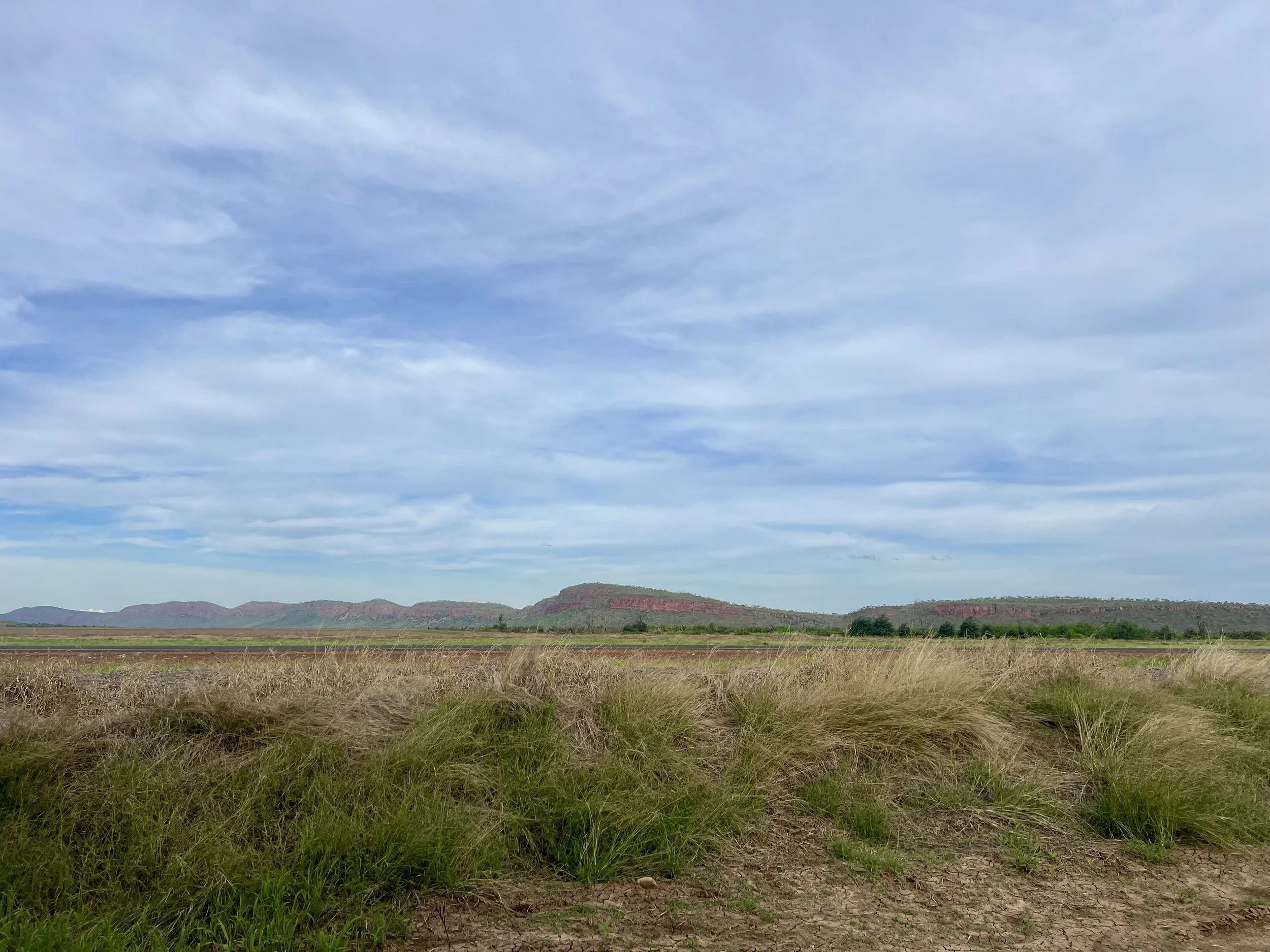 A wide landscape view of a grassy plain with hills and rocky formations in the background under a partly cloudy sky.