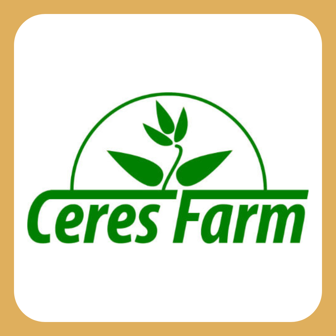 A logo for Ceres Farm featuring a green plant with three leaves above the text 'Ceres Farm' on a white background with rounded corners and a brown border.