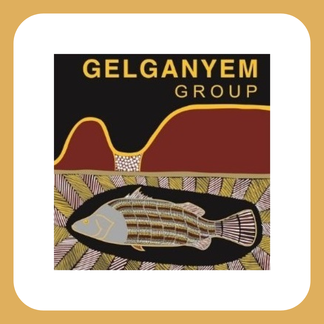 Cover of a book titled "GELGANYEM GROUP" featuring a stylized fish with geometric patterns, set against abstract landscape imagery with mountains and a horizon.