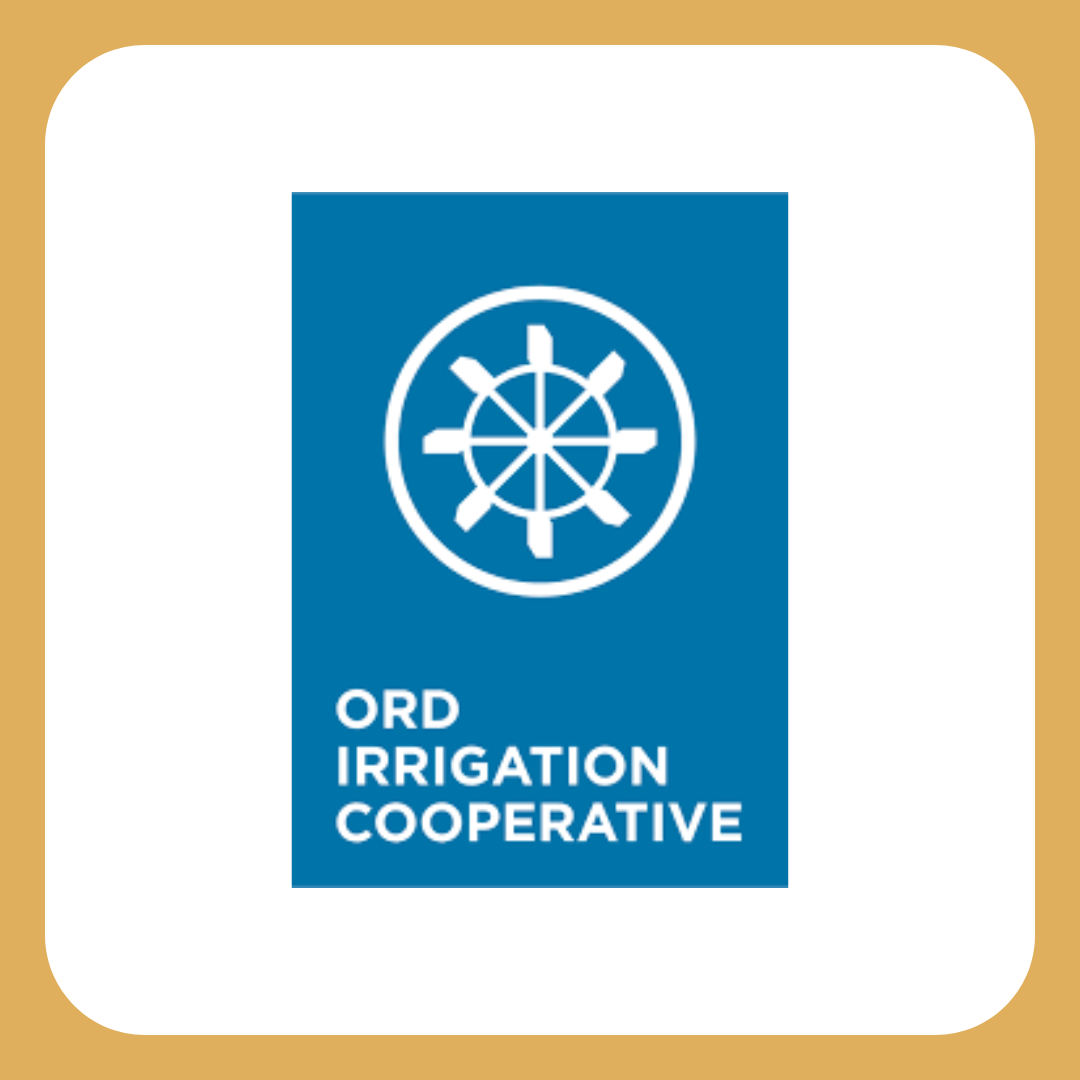 Logo for the Orchard Irrigation Cooperative featuring a stylized wheel with spokes on a blue background, with the organization's name written below.