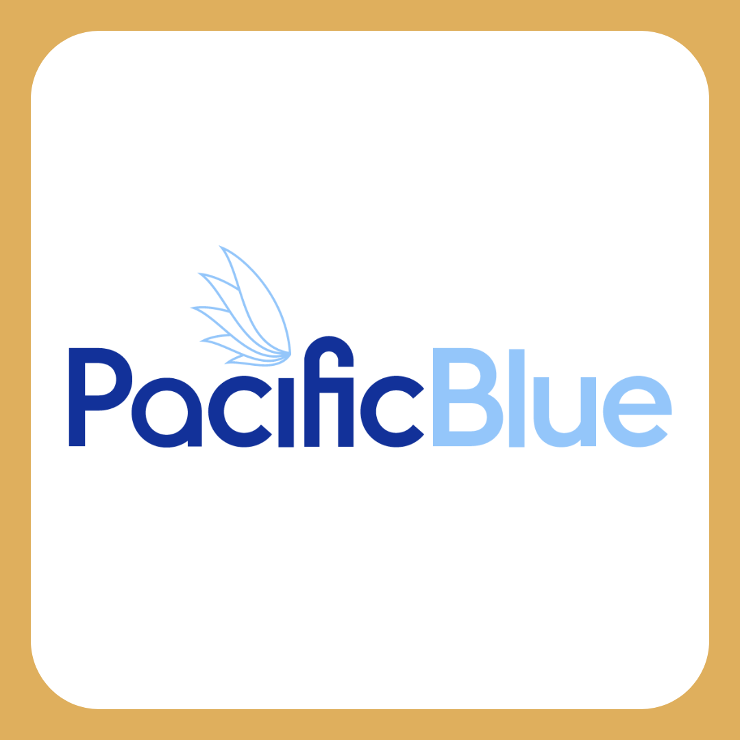 Logo for Pacific Blue with a blue wing design and text 'Pacific Blue' in dark and light blue colors.