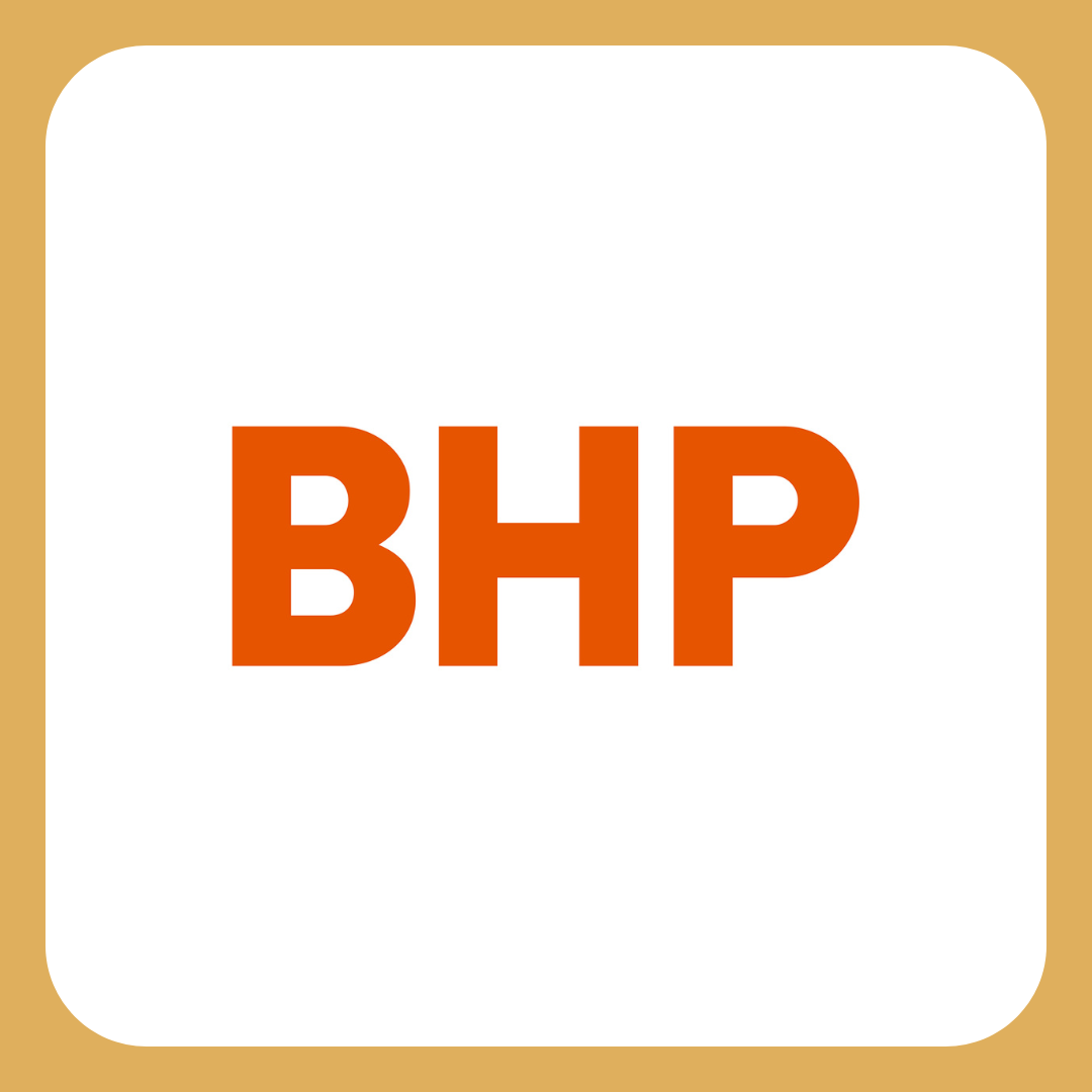BHP logo in red letters on a white background with rounded corners and a light brown border.