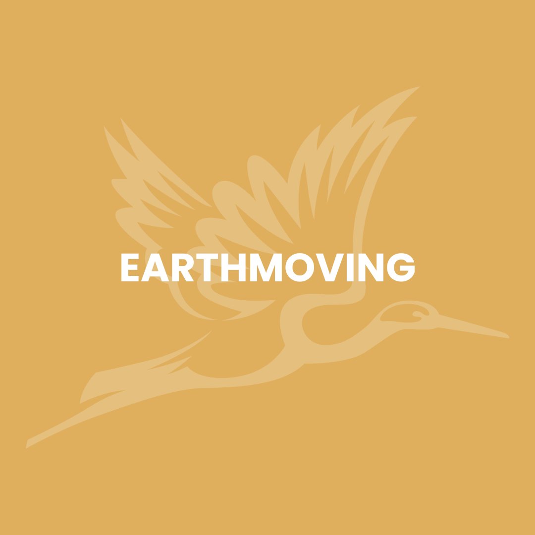 A stylized outline of a flying bird with the word "EARTHMOVING" in bold white letters across the center, on a gold background.