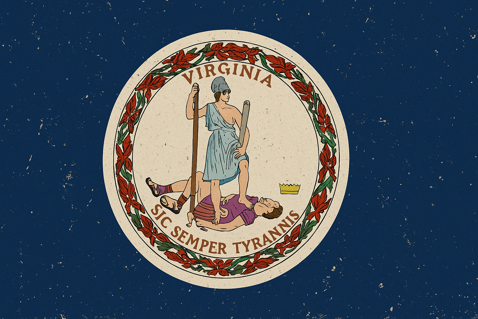 Seal of Virginia featuring a woman in classical attire standing over a man, holding a spear and a scroll, surrounded by a red and green wreath with the Latin phrase 'Sic Semper Tyrannis' below.