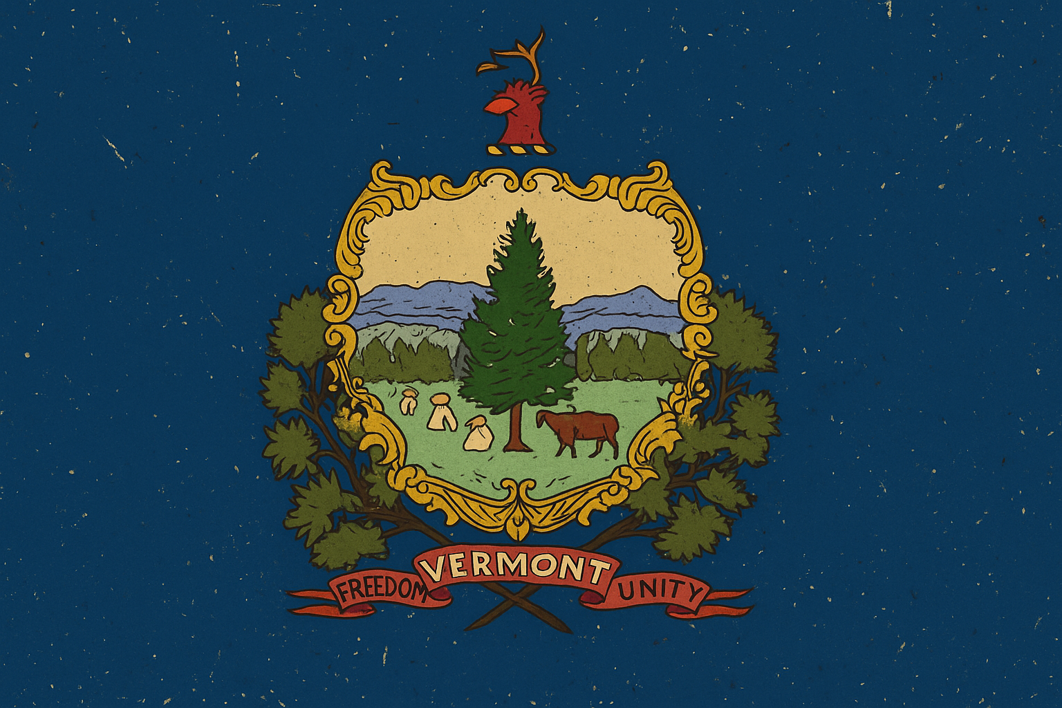 Vermont state flag with the state coat of arms featuring a green pine tree, two animals, and mountains, on a blue background with gold specks and a red banner reading 'Vermont' with the words 'Freedom' and 'Unity'.