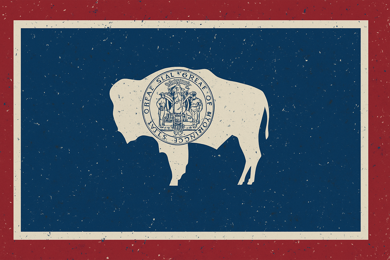 A distressed Confederate flag with a silhouette of a buffalo in the center. The buffalo features the seal of the Office of the Sheriff of Orleans Parish, Louisiana, at its middle.