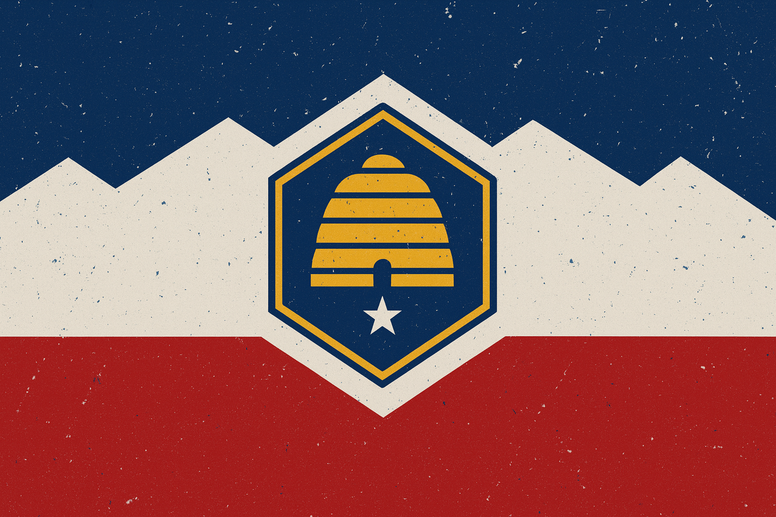 Illustration of a beehive within a badge design, set against a stylized background resembling the Korean flag with blue, white, and red color blocks.