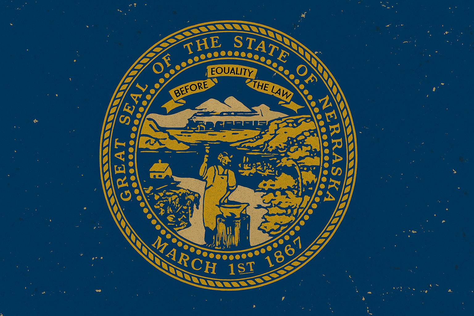 The state seal of Nevada, featuring a desert landscape with mountains, a settler in a hat working with a pickaxe, and a river. The seal contains the words 'Great Seal of the State of Nevada', 'March 1st 1867', and the phrase 'Equality Before the Law'.