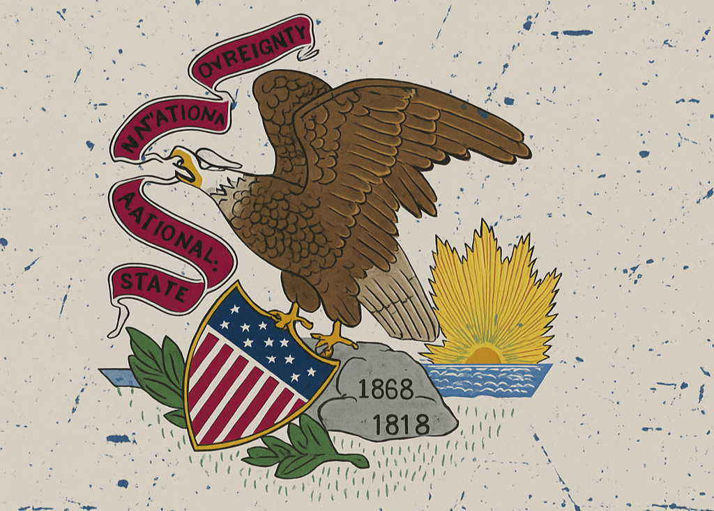 Missouri state seal featuring an eagle, shield, and a yellow corn stalk with sunrise behind it, on a speckled background.