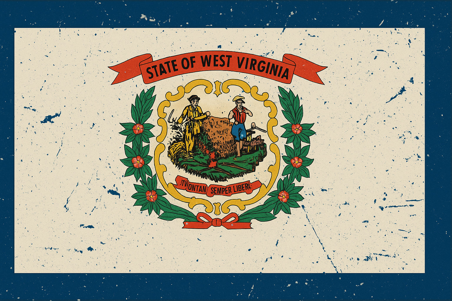 The West Virginia state flag features a central scene of two men working in a field, surrounded by a wreath of green leaves with red flowers. A red ribbon at the top reads "State of West Virginia" and a red banner at the bottom displays the motto "Montani Semper Liberi".
