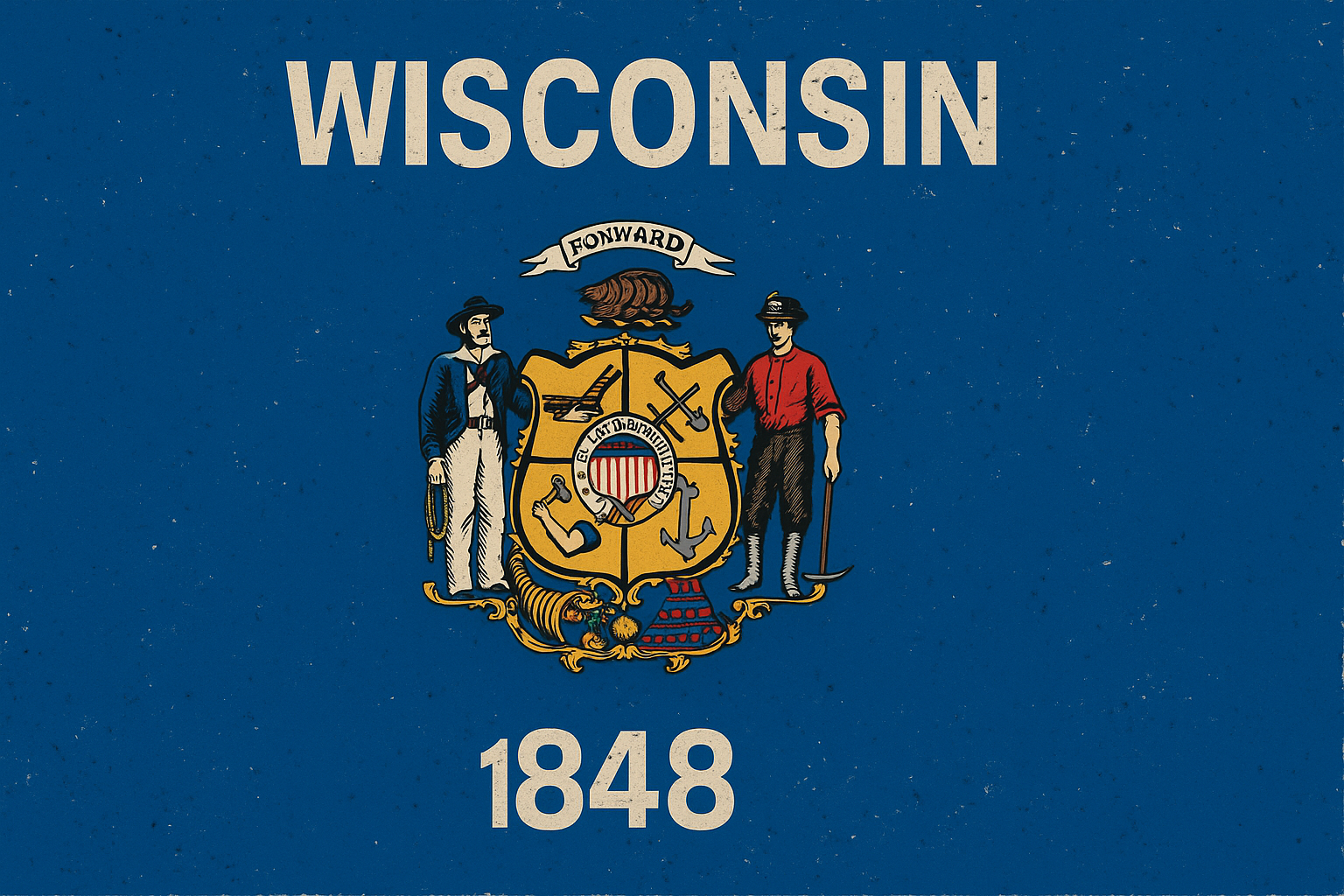 The state flag of Wisconsin with the word 'WISCONSIN' at the top and the year '1848' at the bottom, featuring the Wisconsin state coat of arms in the center.