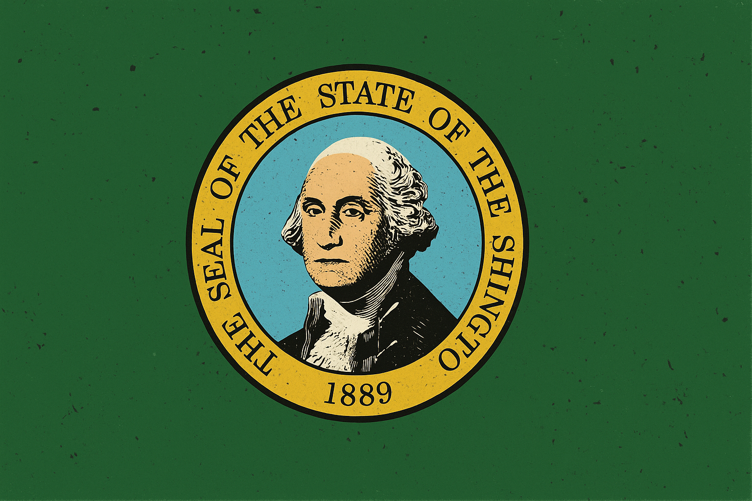 The seal of the state of Washington, with a portrait of George Washington in the center on a blue background, surrounded by a yellow ring with the text 'THE SEAL OF THE STATE OF WASHINGTON ESTABLISHED 1889,' on a green background.