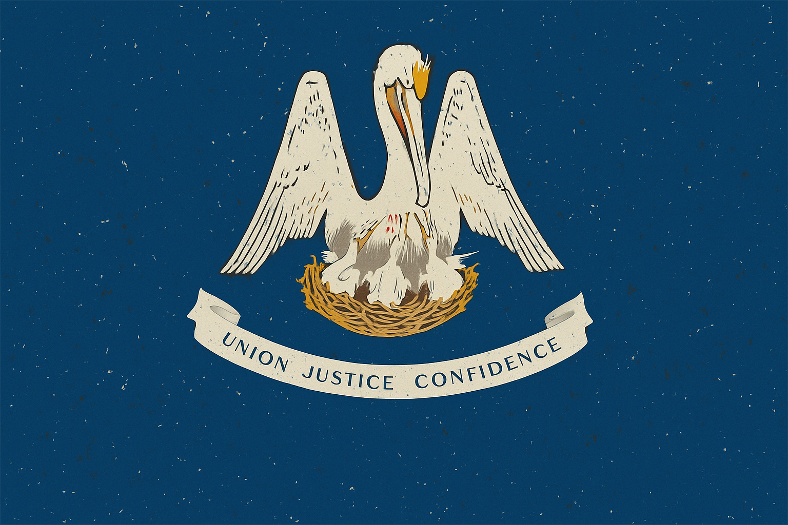 The state flag of Michigan featuring a white bald eagle with wings spread standing on a nest, with a ribbon below reading 'Union Justice Confidence'.